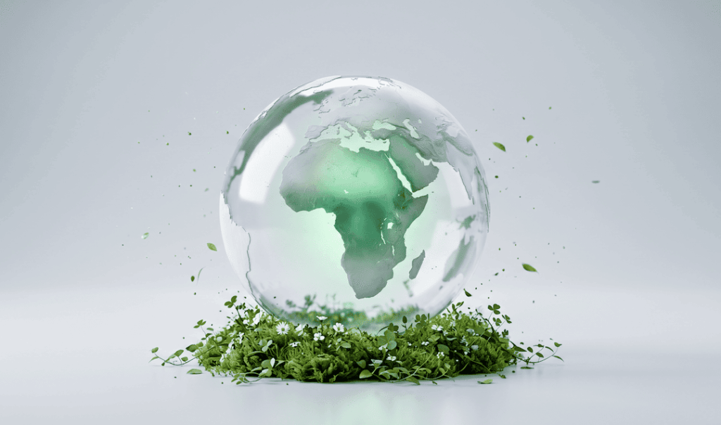 Transparent globe showing Africa, resting on green moss and small plants, symbolizing environmental protection and sustainability.