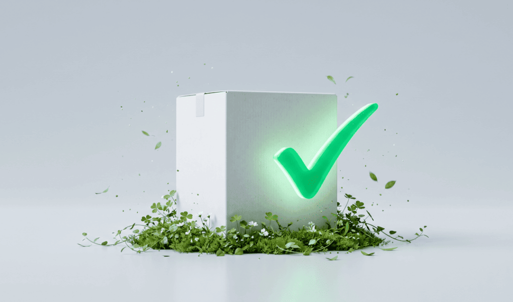 White cardboard box surrounded by green plants with a glowing green checkmark symbol beside it on a light gray background.