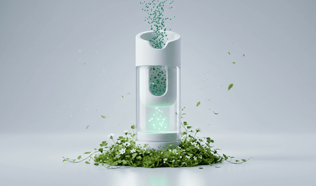 A modern transparent cylindrical device releasing green particles, surrounded by green plants and white flowers on a light background.