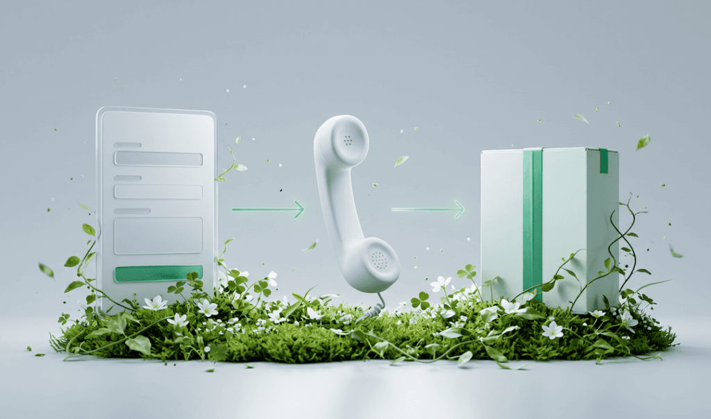 Phone receiver icon connecting form submission to package delivery, surrounded by green moss and white flowers.