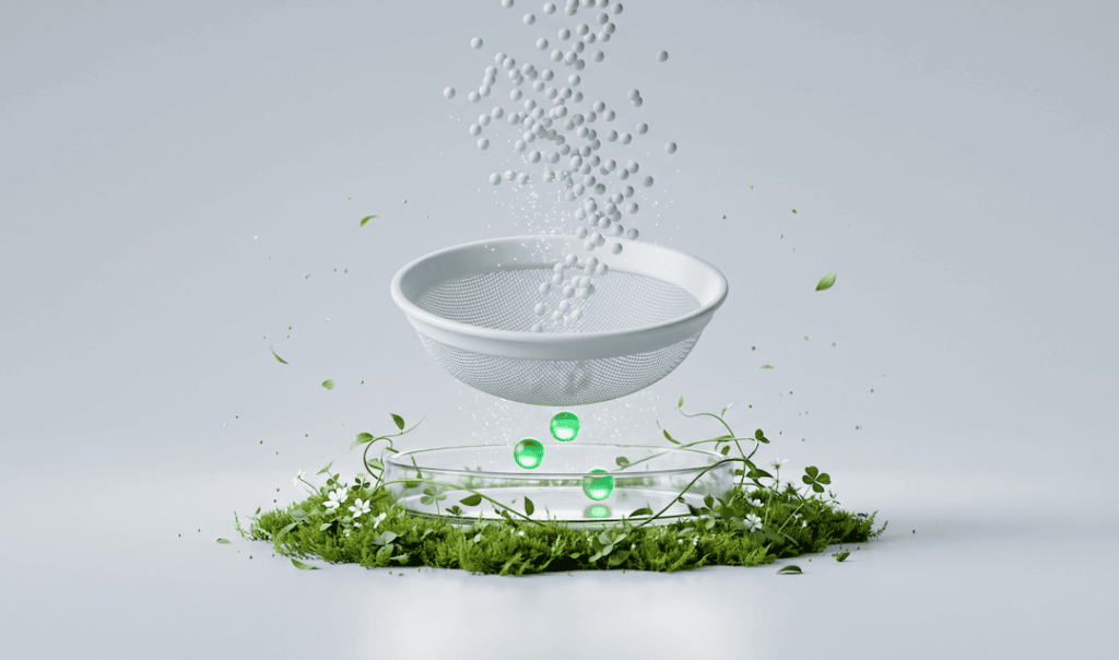White sieve sifting white powder and green beads into a glass dish surrounded by moss and small white flowers on a white background.