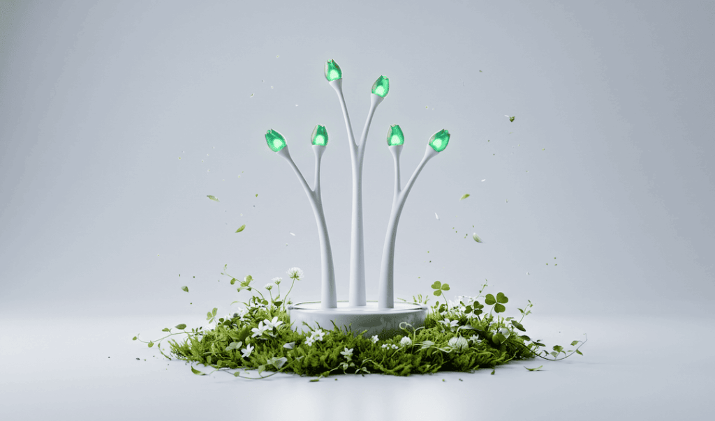 Futuristic white plant-like lamps with green glowing tips stand amid lush clover, moss, and small white flowers on a white background.