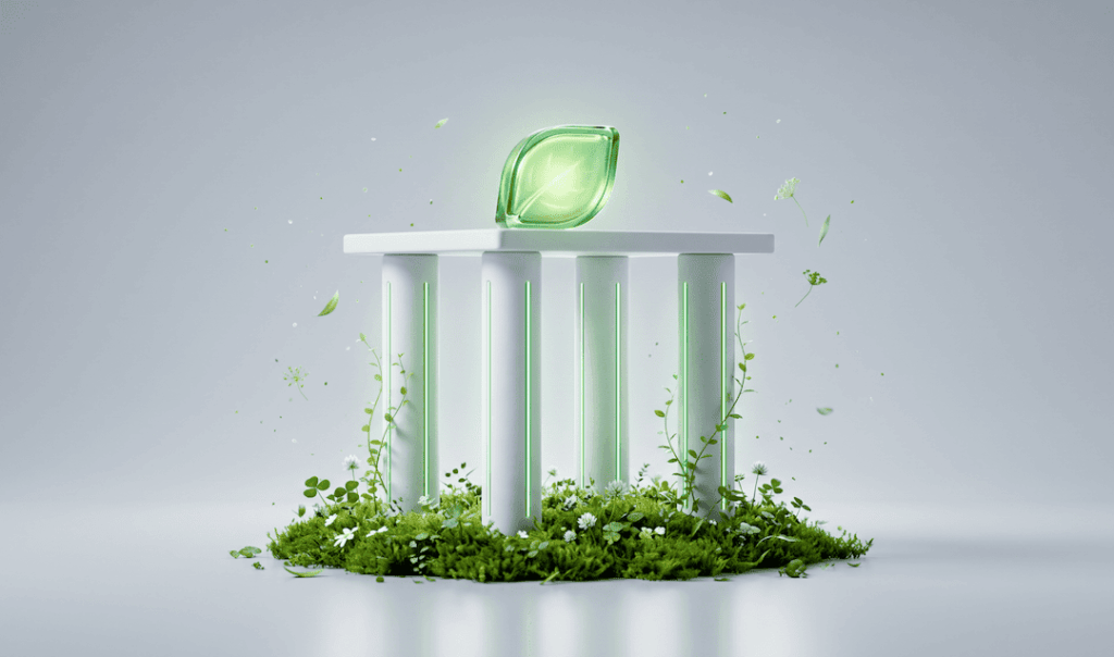 Green glowing leaf symbol atop white pillars surrounded by grass and small plants on a light gray background.