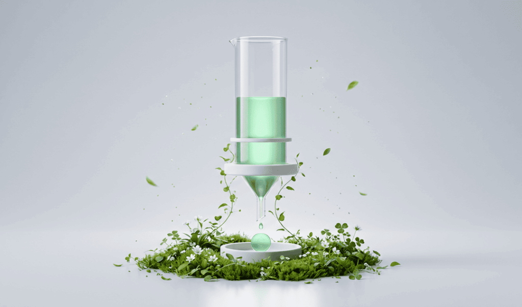 Glass container dispensing green liquid drop above a mossy patch with white flowers and green leaves on a white background.