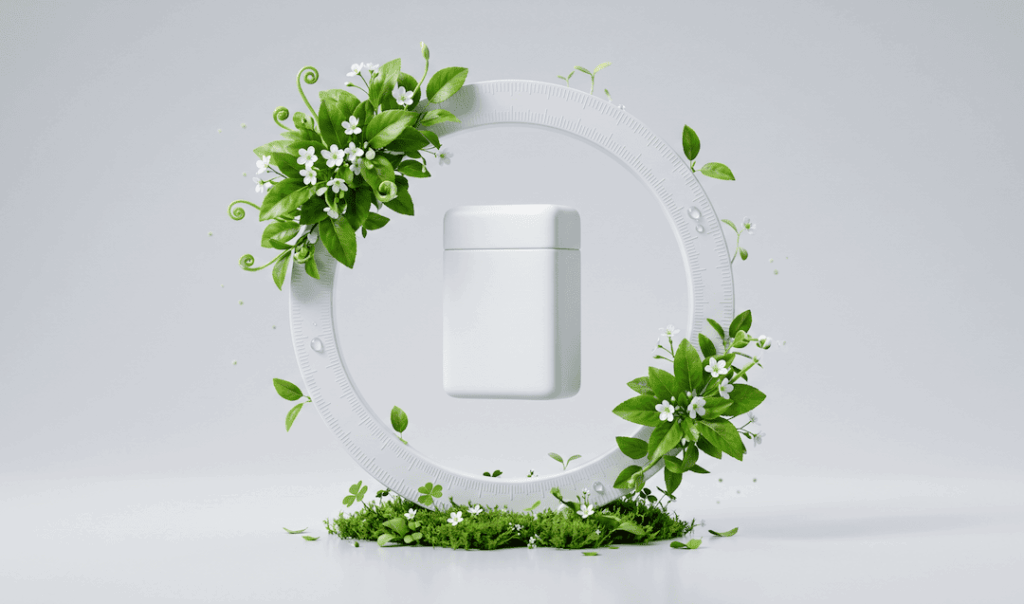 White rectangular container suspended inside a circular ruler decorated with green leaves and small white flowers on a white background.