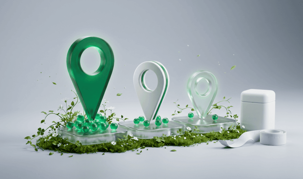 Three stylized location pins in green, white, and transparent on grass with green beads, flowers, and a white tape measure and container nearby.