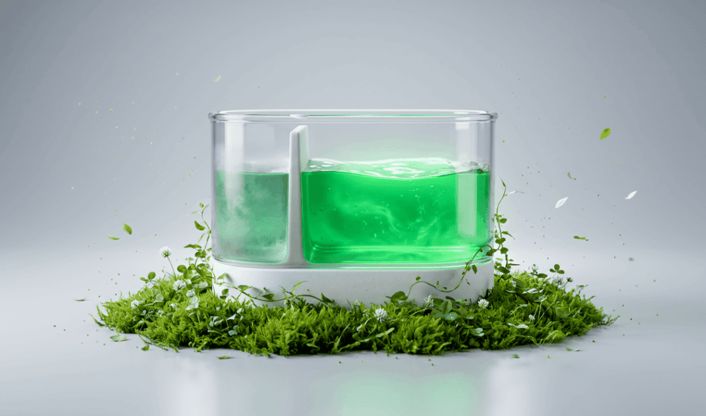 Transparent container with two compartments, one filled with green liquid and the other with clear liquid, surrounded by green moss and small leaves.