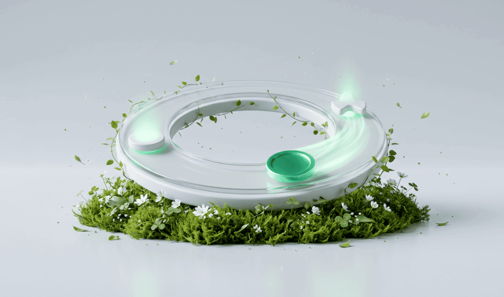 A futuristic circular device emitting green light, surrounded by moss and small white flowers on a smooth white surface.