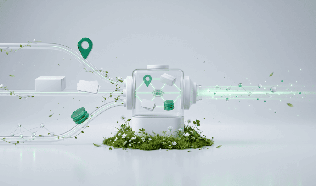Green and white futuristic flowchart with digital location pins, data icons, and nature elements on a clean white background.