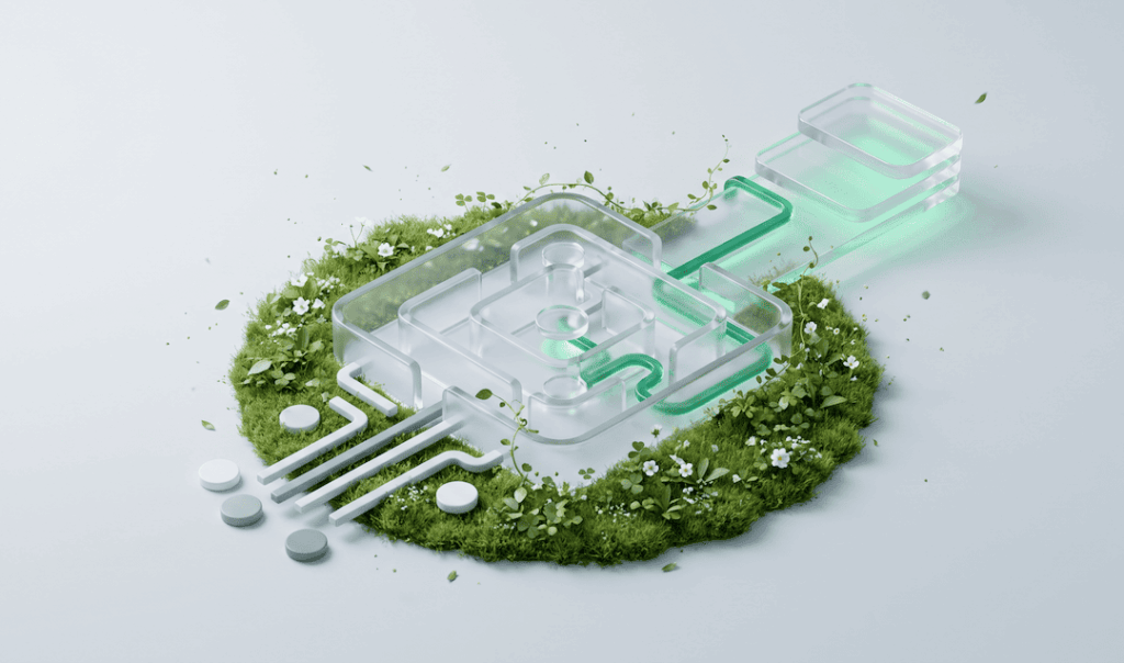 Transparent, maze-like circuit paths integrated with green plants and white flowers on a circular grass patch, symbolizing eco-friendly technology.