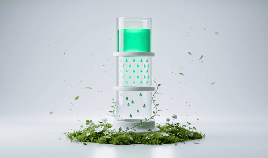 A futuristic glass container with green liquid dripping down surrounded by green plants and white flowers on a white background.