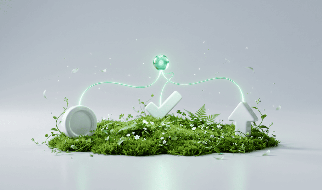 Green moss and small white flowers with glowing lines connecting a sphere to a circle, checkmark, and arrow icons on a white background.