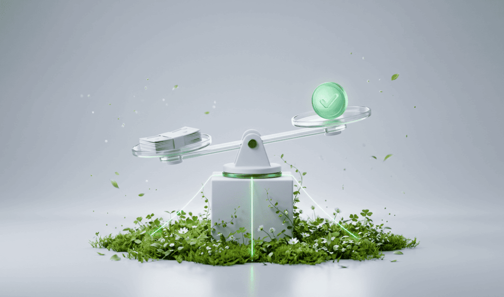 A digital balance scale with money on one side and a green checkmark icon on the other, surrounded by grass and flowers.