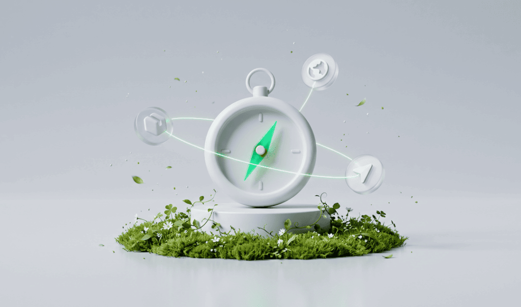 White compass with green needle on mossy base, surrounded by floating navigation icons connected by glowing rings.