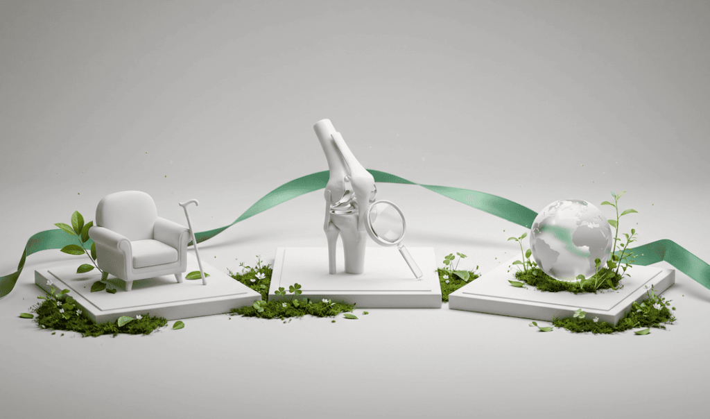 3D render of a knee joint with magnifying glass, armchair with cane, and globe on white platforms surrounded by green plants and ribbon.