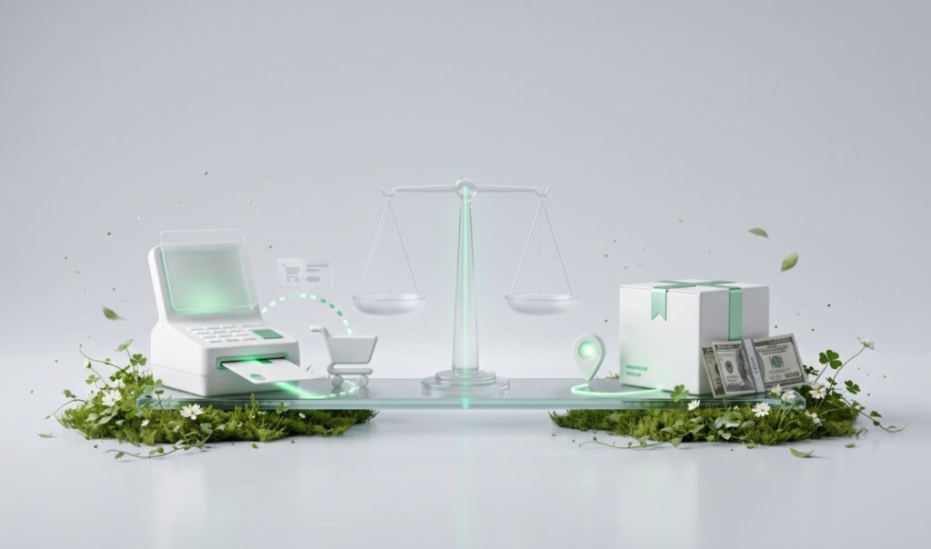 3D illustration showing a digital payment terminal, shopping cart, balance scale, and a gift box with cash on greenery patches.