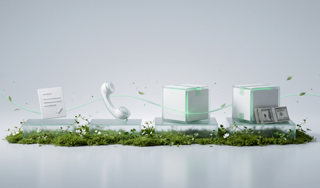 Glass pedestals on moss display icons of a document, phone, packages, and money, connected by a glowing green line with floating leaves.