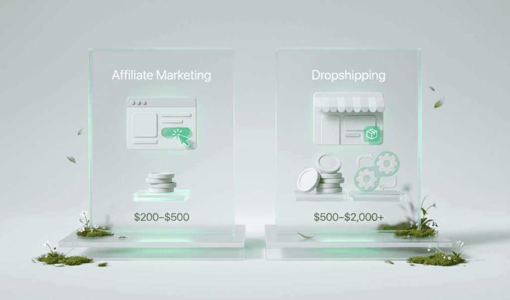 Infographic comparing affiliate marketing ($200–$500) and dropshipping ($500–$2,000+) with illustrated business icons.