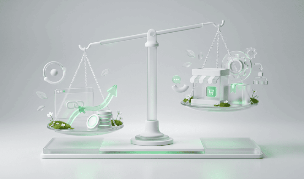 Surreal balance scale comparing a digital link-and-coins platform with an online storefront, symbolizing digital commerce and growth.