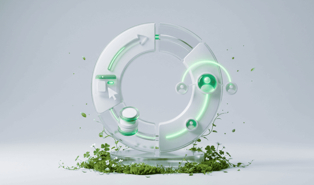 Futuristic circular glass interface with glowing green accents, cursor icon, stacked disks, and plants growing around its base.