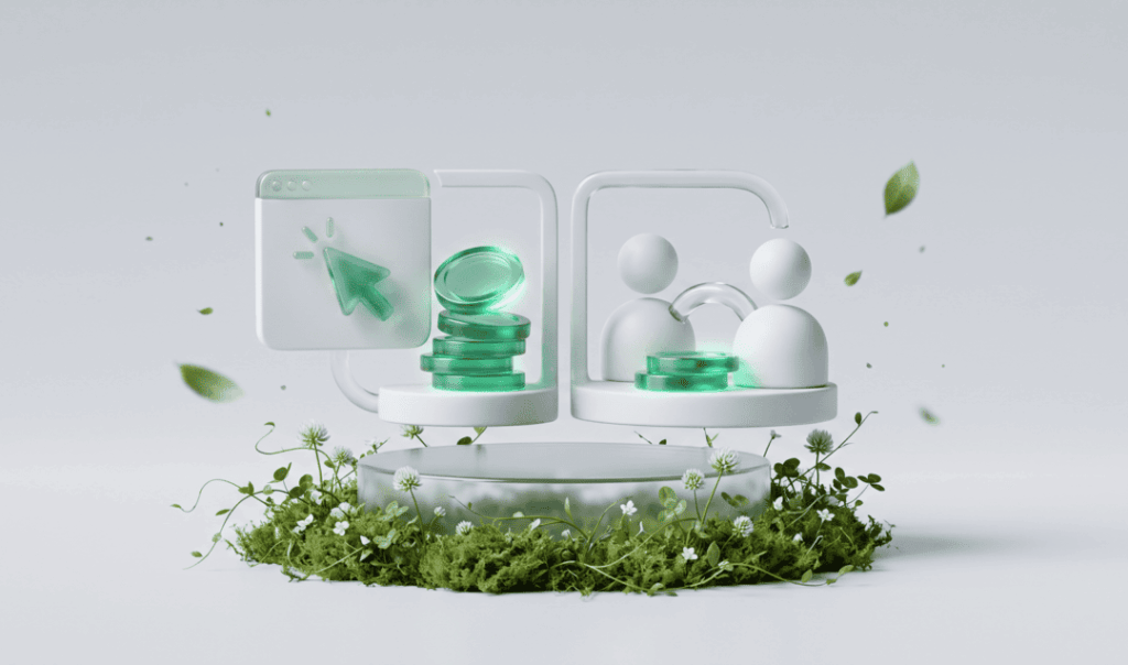 Surreal 3D scene of green digital icons and stacked coins above a mossy garden pedestal, with white abstract figures and floating leaves.