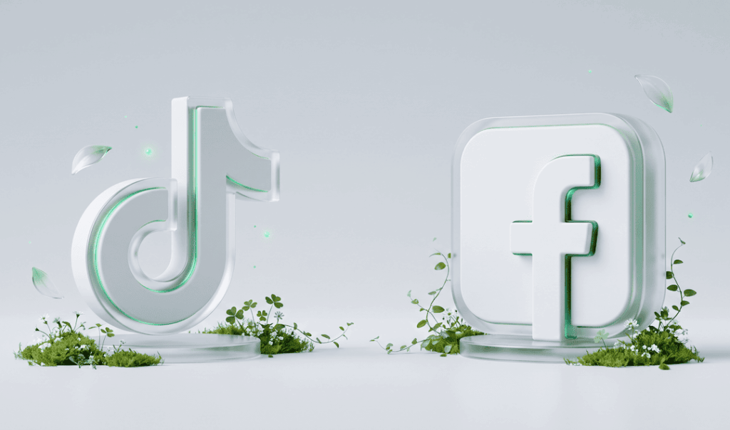 3D white TikTok and Facebook logos with green accents, surrounded by small plants and leaves on a light gray background.
