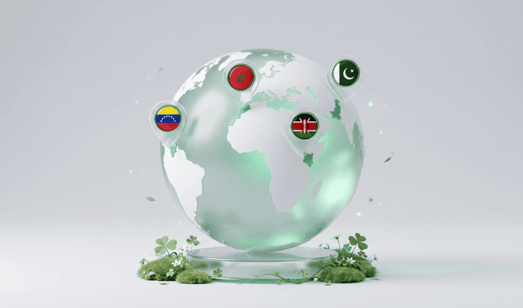 Transparent globe with location markers featuring flags of Venezuela, Morocco, Kenya, and Pakistan surrounded by small plants and clovers.