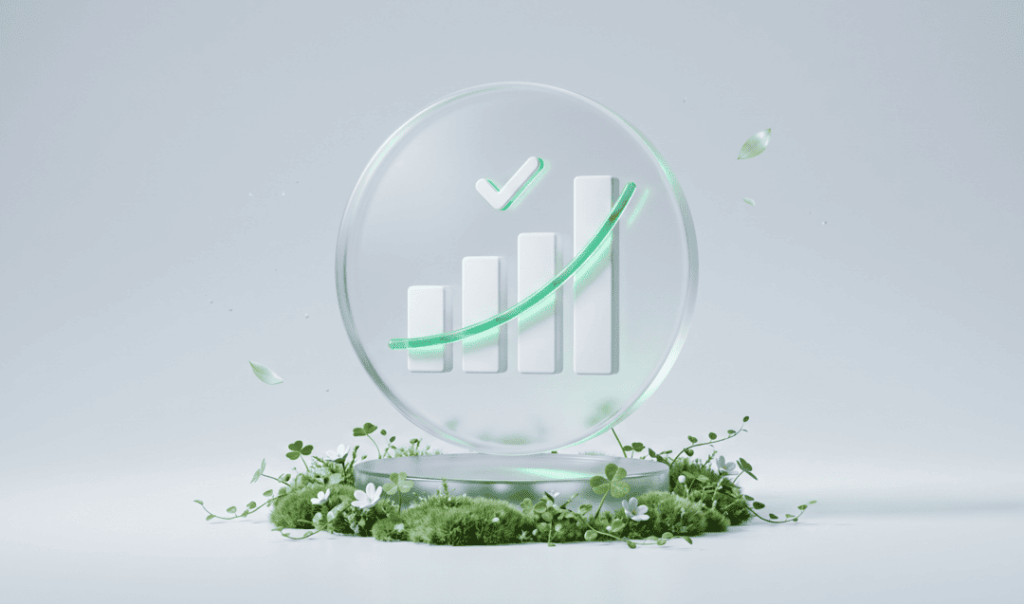 3D illustration of a rising bar chart and checkmark inside a glass circle, surrounded by greenery and white flowers.
